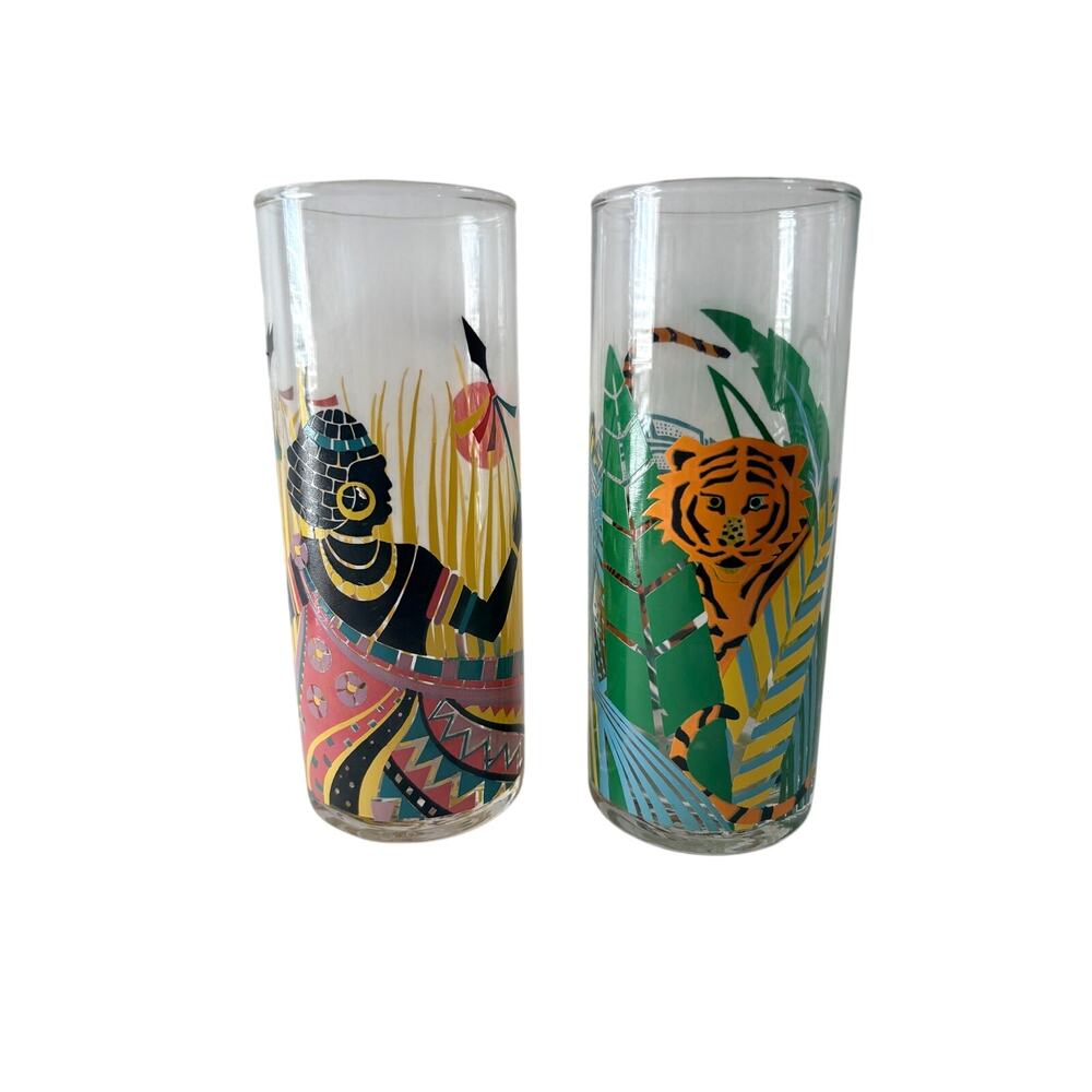 Vintage Panache Jungle Safari Warrior Tiger Highball Glasses Set of 2